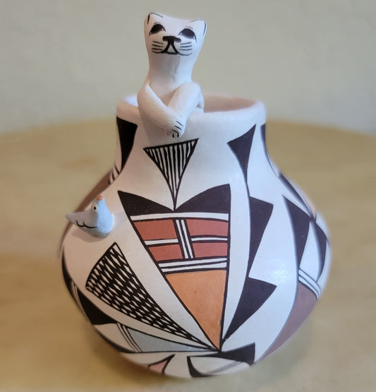 Judy Lewis Kitty Cat in Acoma Pueblo Pottery Vase with Raised Bird 