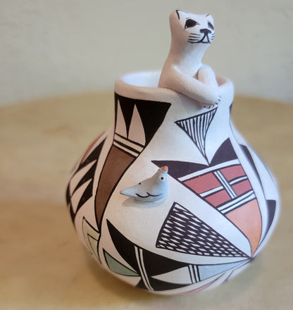 Judy Lewis Kitty Cat in Acoma Pueblo Pottery Vase with Raised Bird