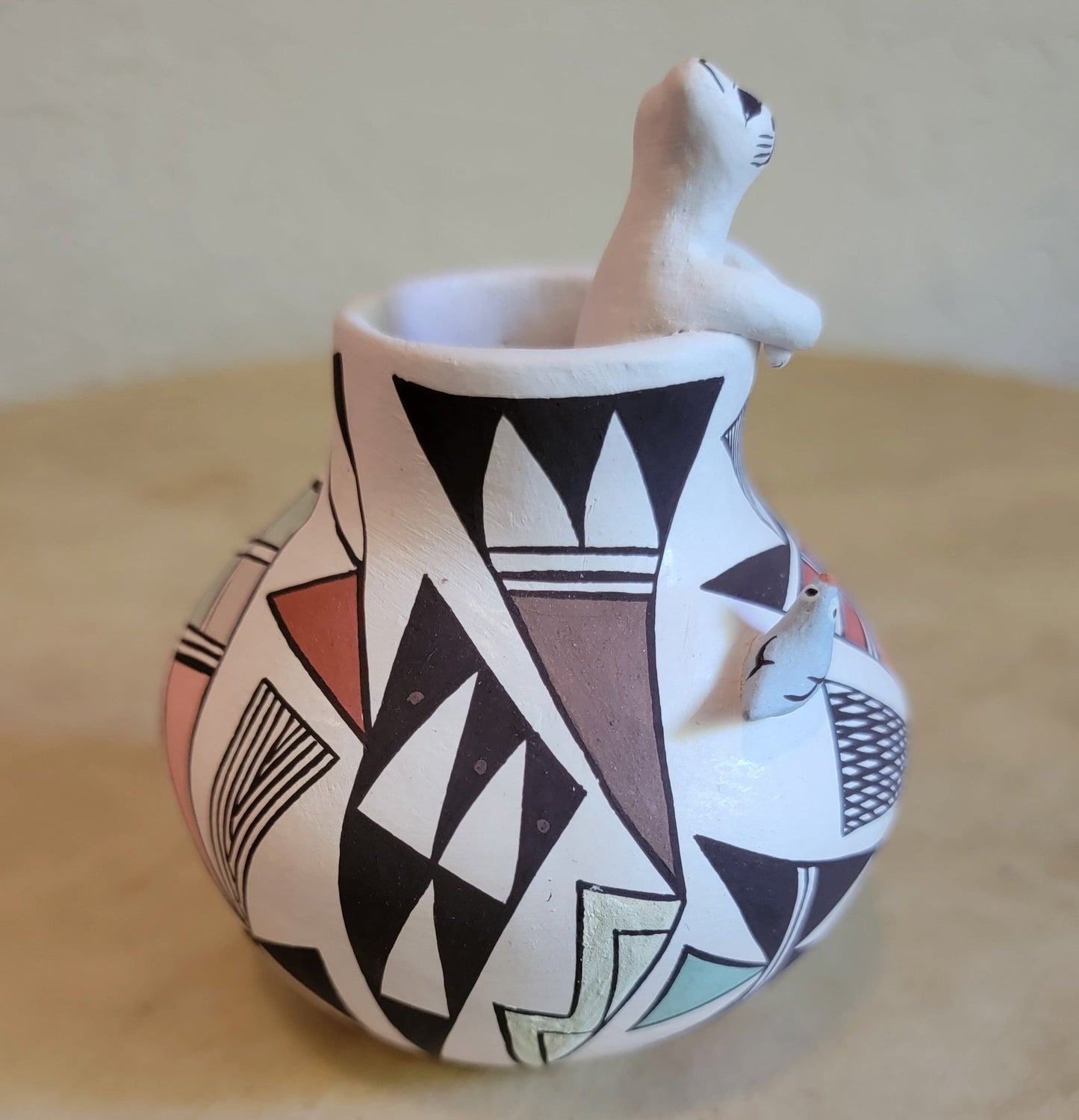 Judy Lewis Kitty Cat in Acoma Pueblo Pottery Vase with Raised Bird