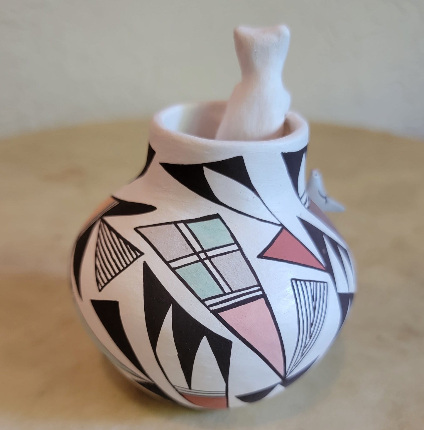 Judy Lewis Kitty Cat in Acoma Pueblo Pottery Vase with Raised Bird 