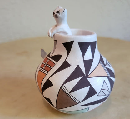 Judy Lewis Kitty Cat in Acoma Pueblo Pottery Vase with Raised Bird