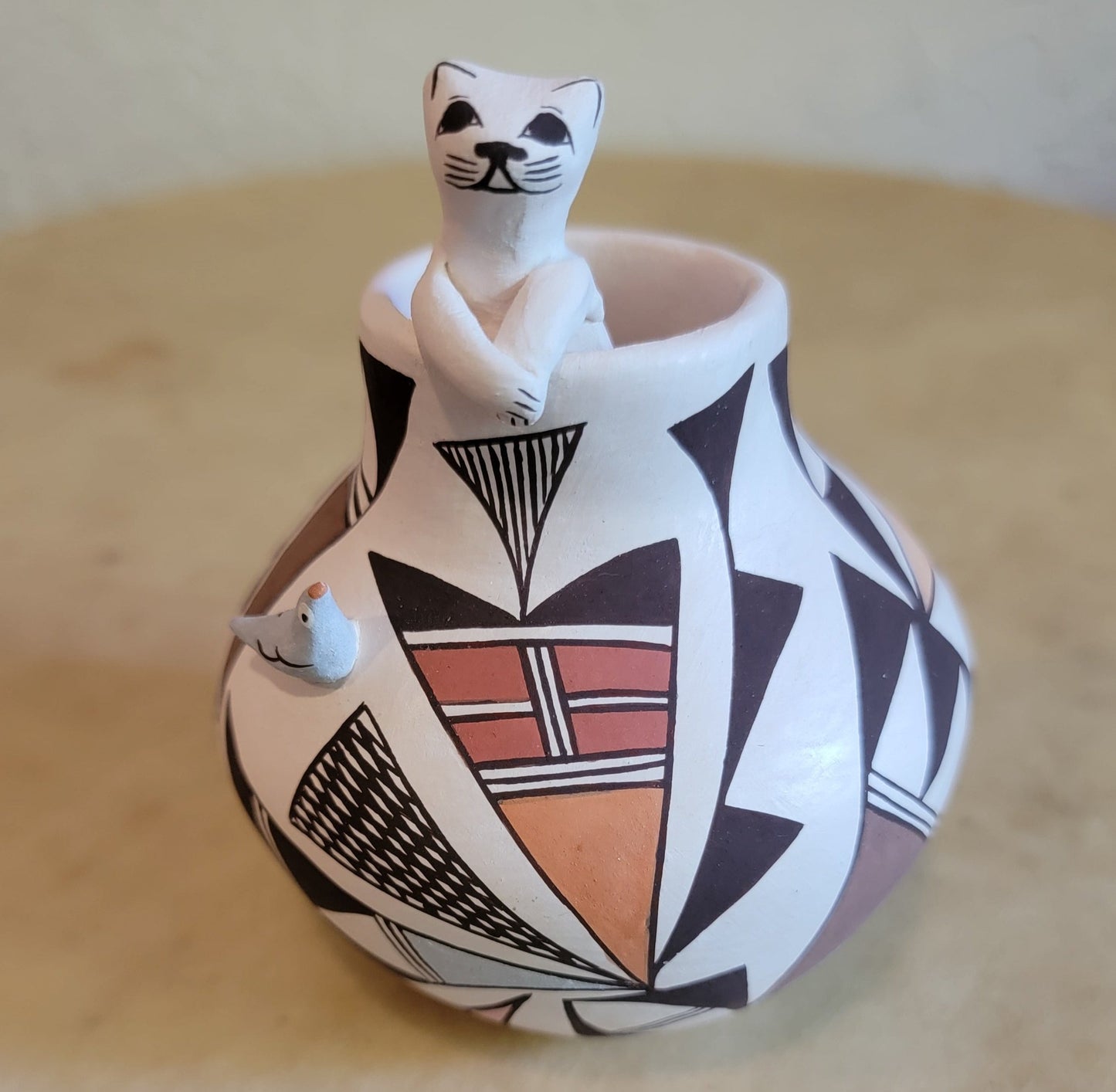 Judy Lewis Kitty Cat in Acoma Pueblo Pottery Vase with Raised Bird