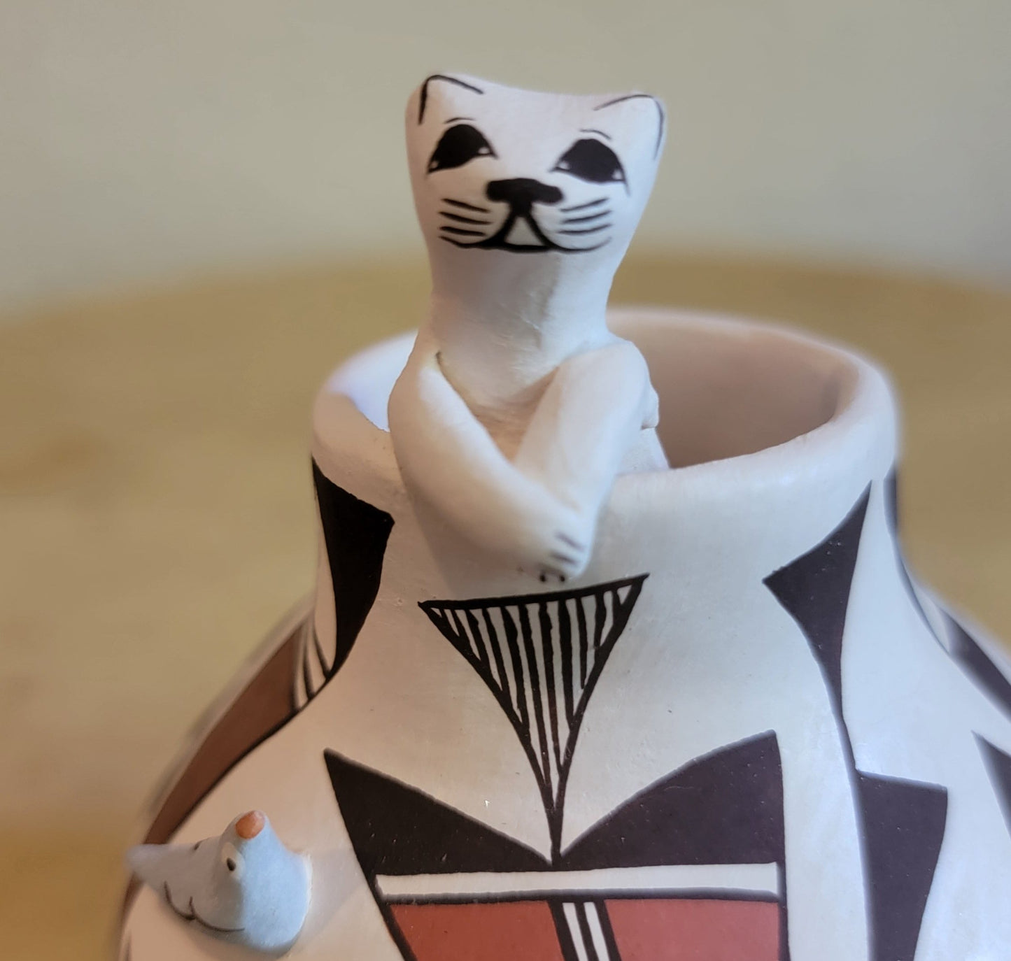 Judy Lewis Kitty Cat in Acoma Pueblo Pottery Vase with Raised Bird