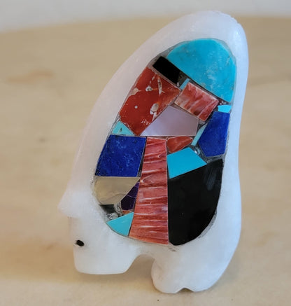 Chad Quandelacy White Marble "Bearden" with Maiden and Mosaic Inlay Zuni Fetish