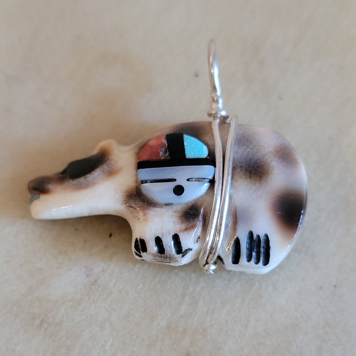 Darren Boone Conch Shell Zuni Bear Pendant w/Zuni Sun and Arrowhead Indian Jewelry