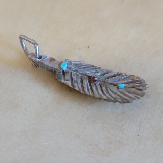 Carl Etsate Double Sided Abalone Shell Feather Pendant Indian Jewelry