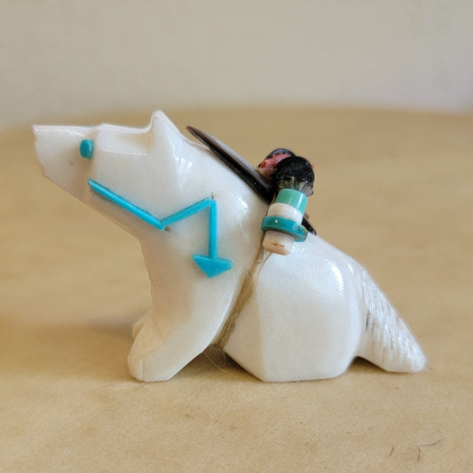 White Marble Sitting Wolf with Zuni Sun and Heartline Zuni Fetish