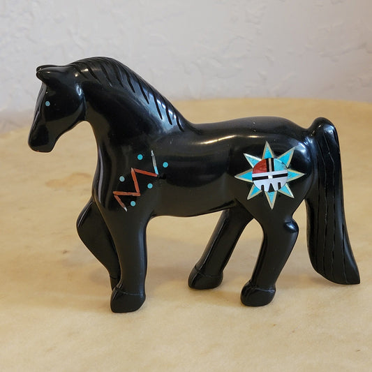 Magnificent Large Jet Horse w/Zuni Sun Design, Heartline and Lightning Patterns Zuni Fetish