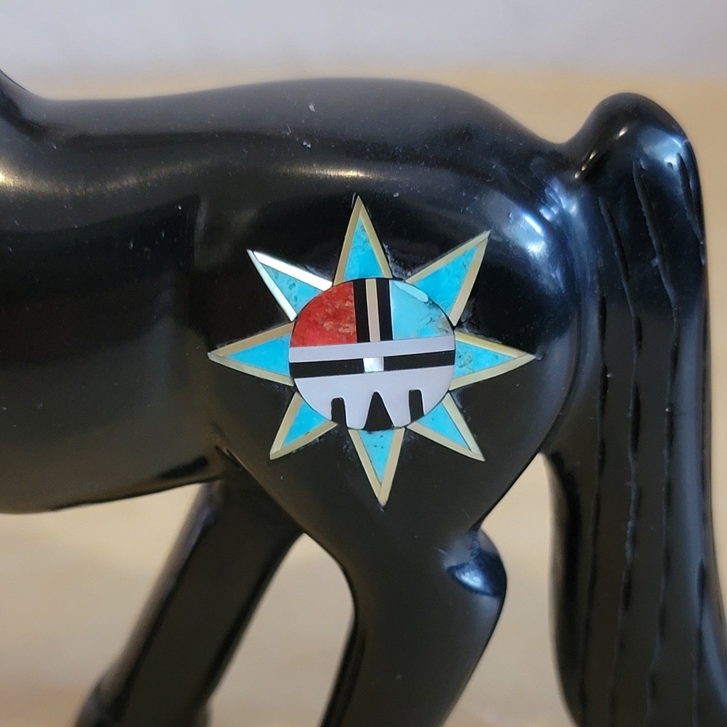 Magnificent Large Jet Horse w/Zuni Sun Design, Heartline and Lightning Patterns Zuni Fetish