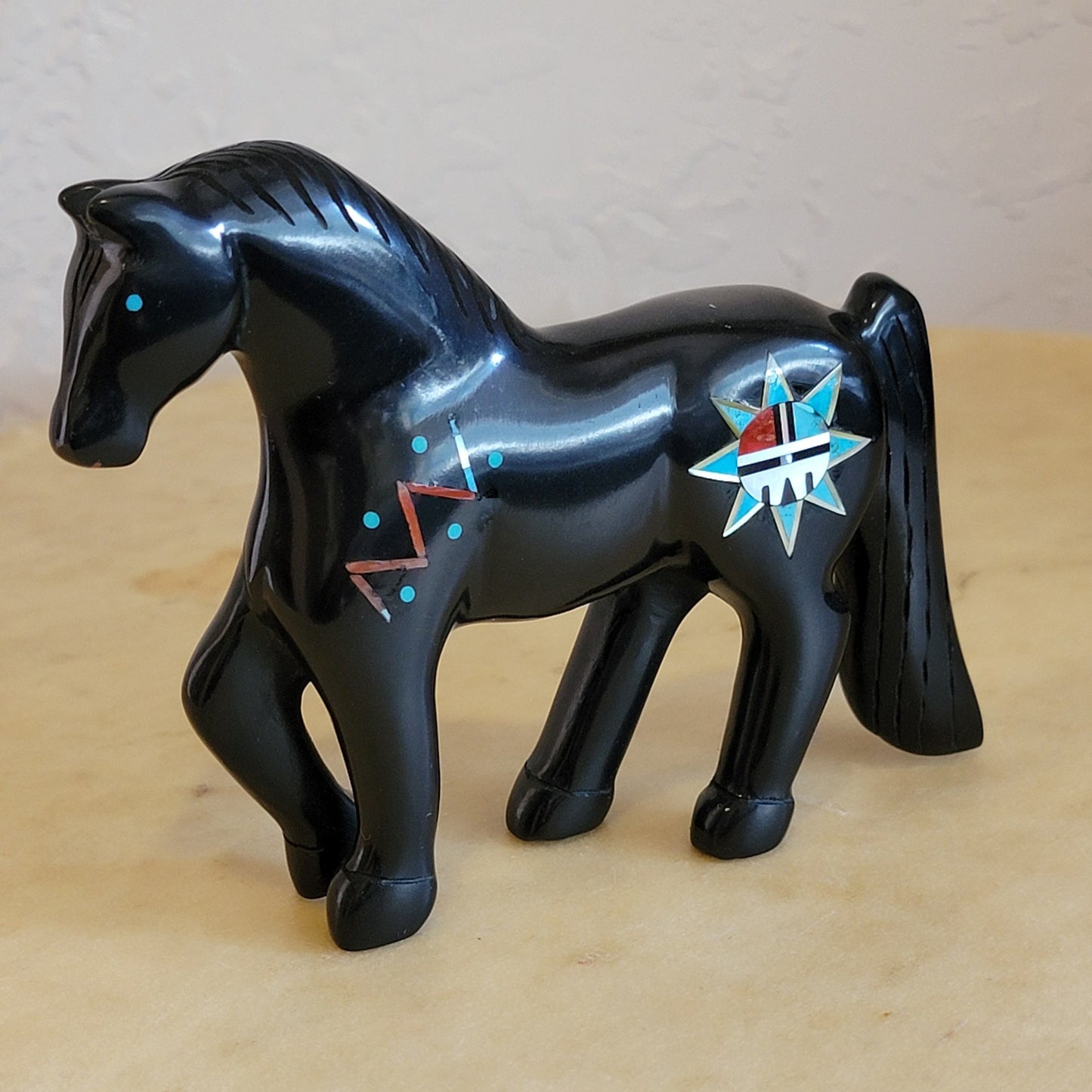 Magnificent Large Jet Horse w/Zuni Sun Design, Heartline and Lightning Patterns Zuni Fetish