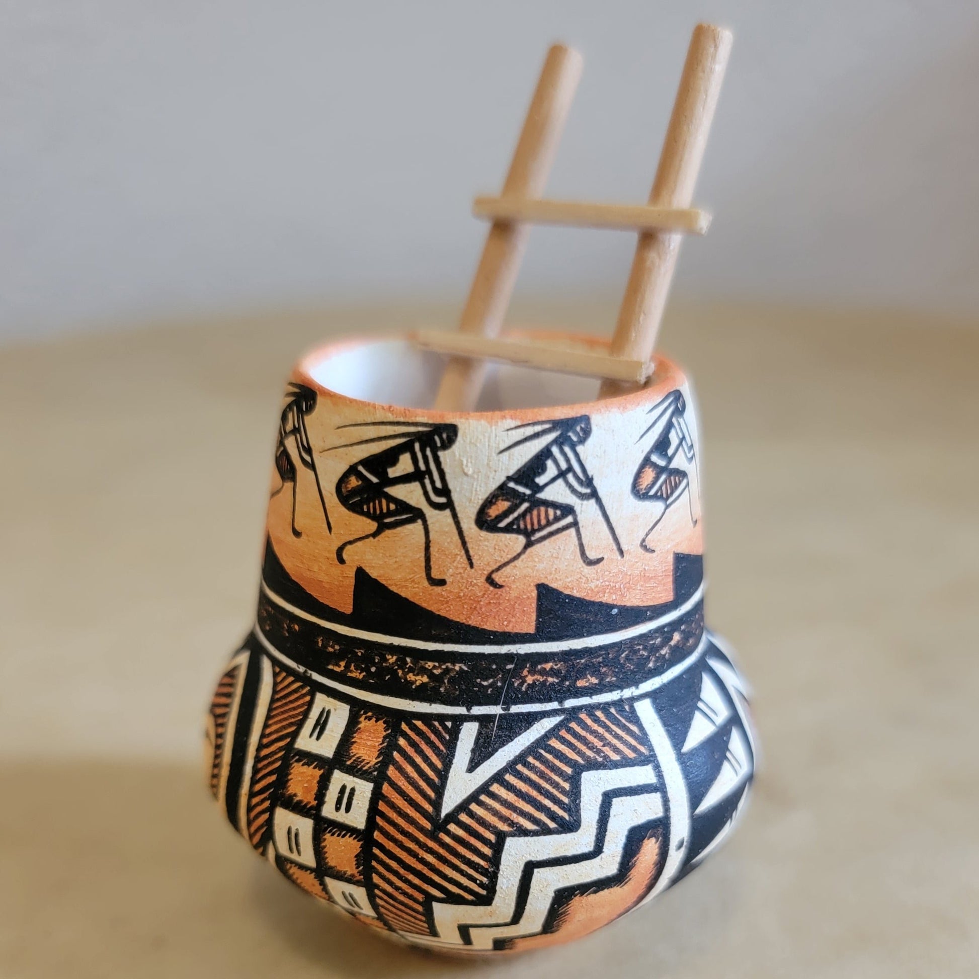 Miniature Acoma Pueblo Pottery w/Fine Line Designs and Kiva Ladder