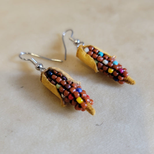 Beaded Indian Corn Earrings w/ Leather Husks Indian Beadwork