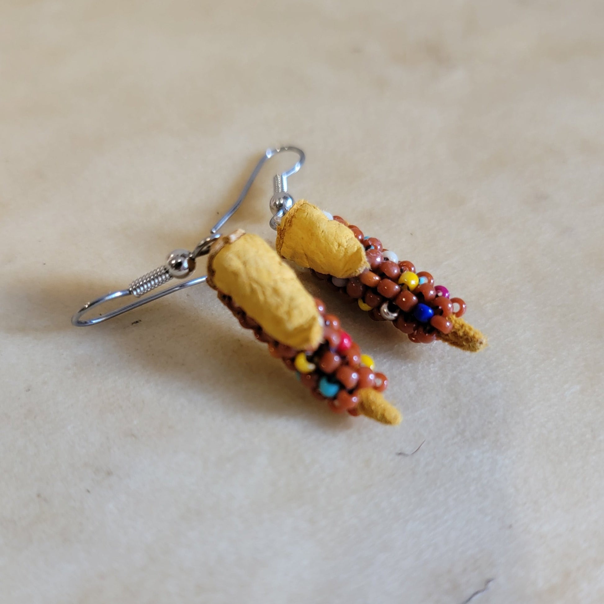 Beaded Indian Corn Earrings w/ Leather Husks Indian Beadwork