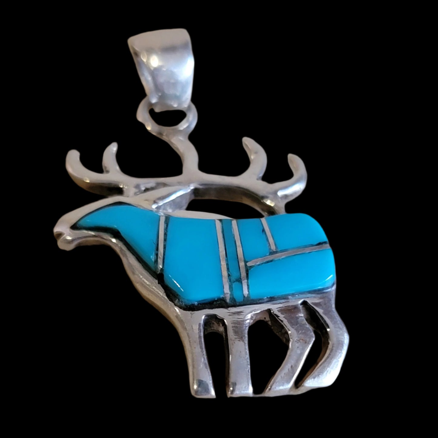 Old Pawn Channel Inlay Turquoise Elk Pendant Indian Jewelry