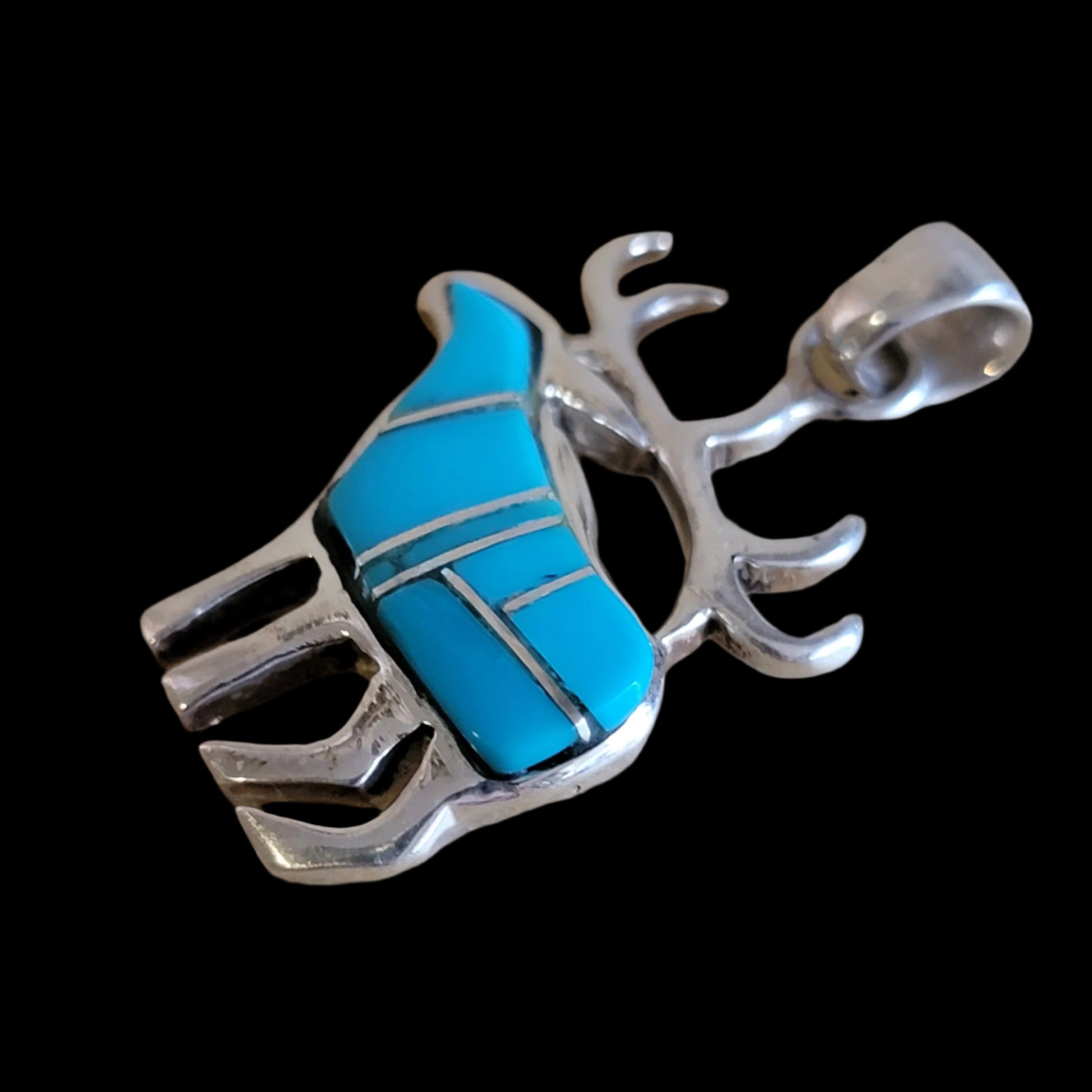 Old Pawn Channel Inlay Turquoise Elk Pendant Indian Jewelry