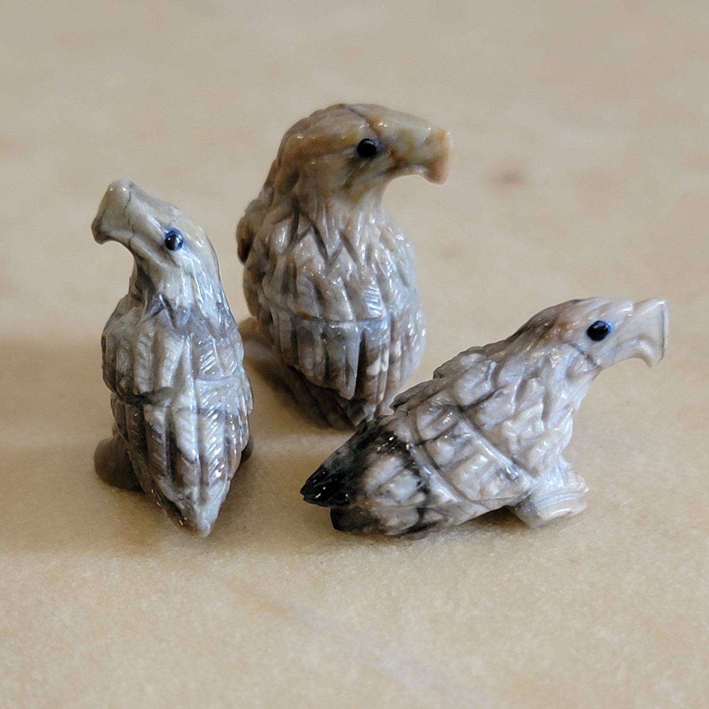 Set of Three Mini Picasso Marble Eagles Family Zuni Fetish