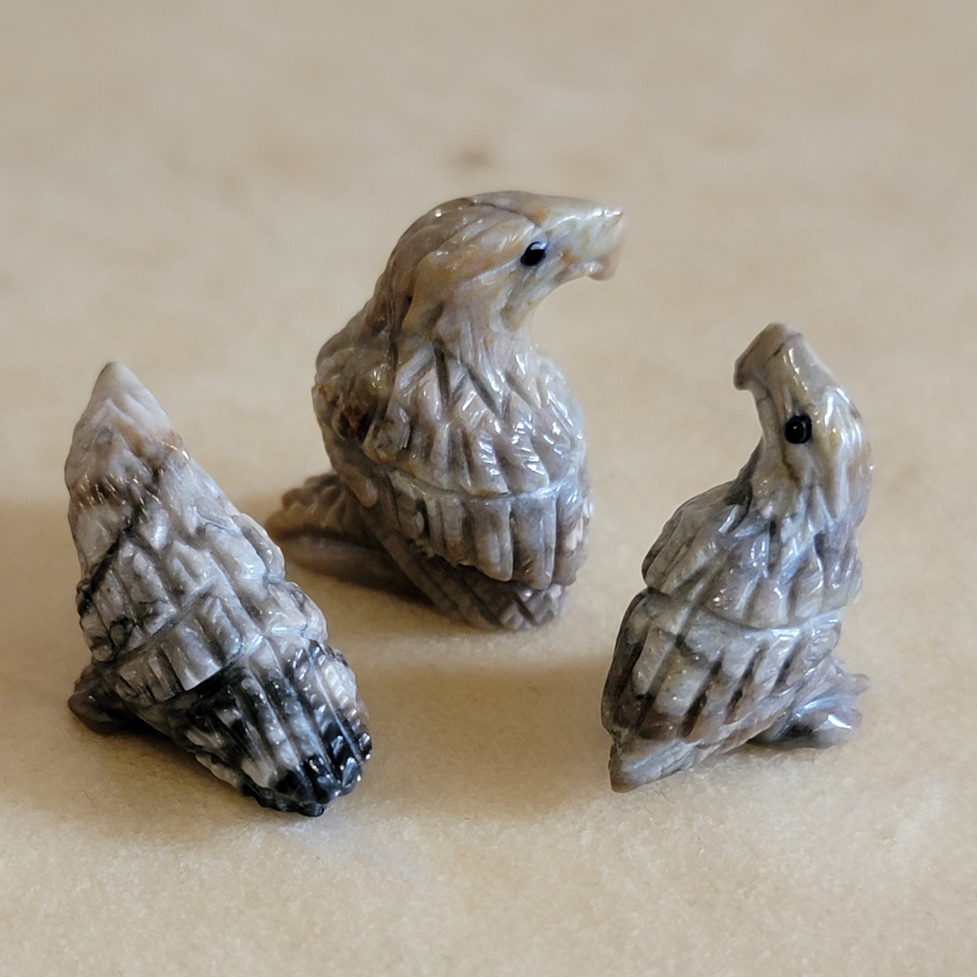 Set of Three Mini Picasso Marble Eagles Family Zuni Fetish