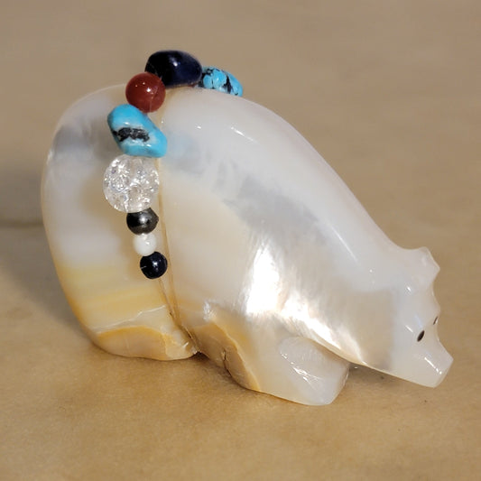 Gold Lip/ Mother of Pearl Medicine Bear with Fancy Offering Zuni Fetish