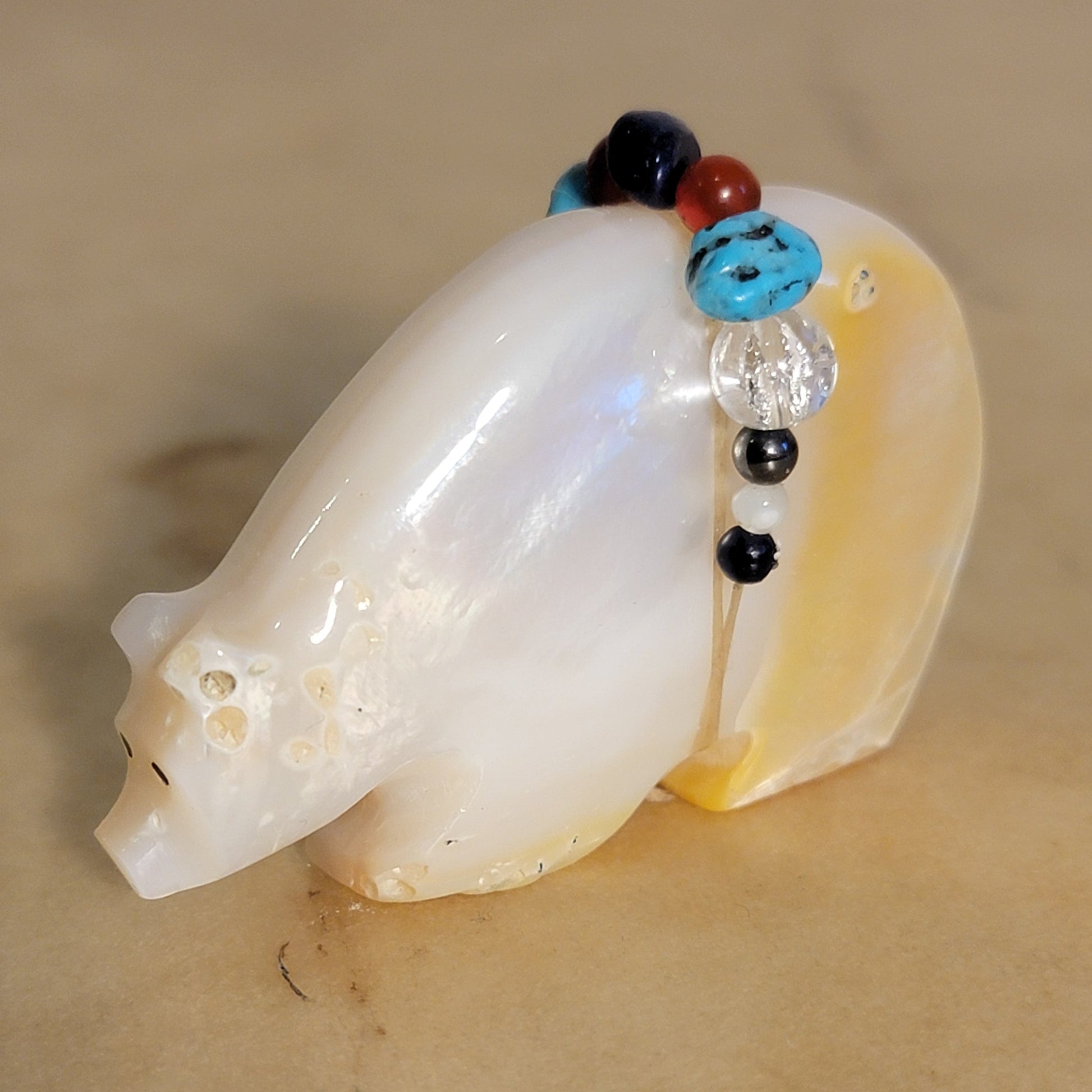 Gold Lip/ Mother of Pearl Medicine Bear with Fancy Offering Zuni Fetish