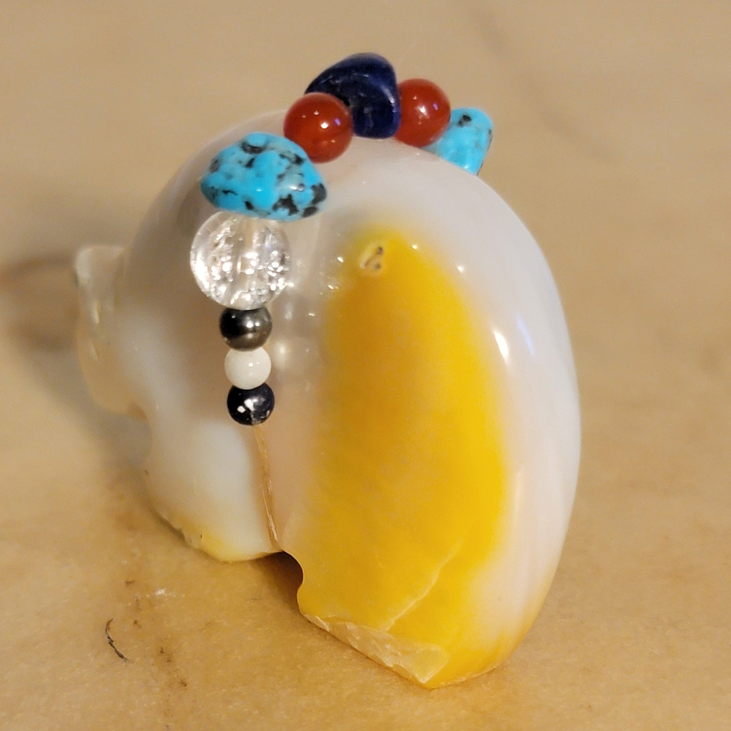 Gold Lip/ Mother of Pearl Medicine Bear with Fancy Offering Zuni Fetish