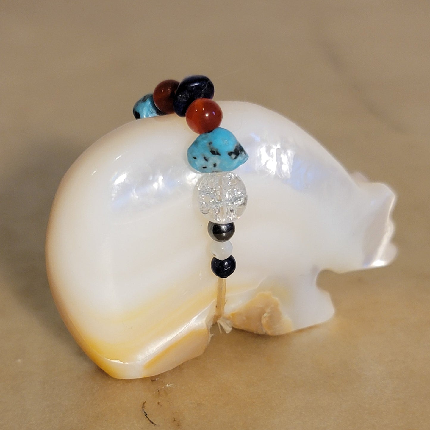 Gold Lip/ Mother of Pearl Medicine Bear with Fancy Offering Zuni Fetish