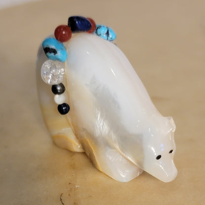 Gold Lip/ Mother of Pearl Medicine Bear with Fancy Offering Zuni Fetish