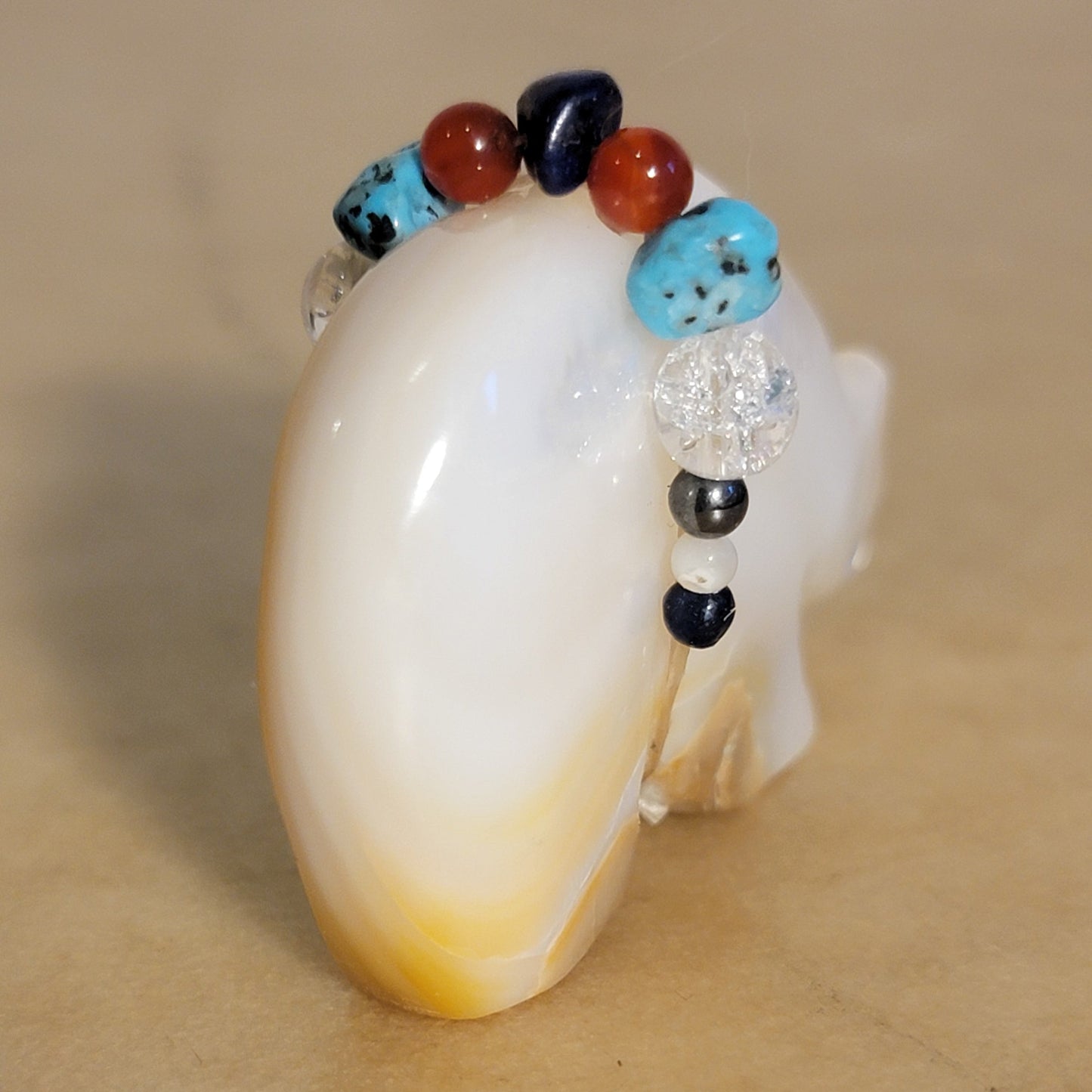 Gold Lip/ Mother of Pearl Medicine Bear with Fancy Offering Zuni Fetish