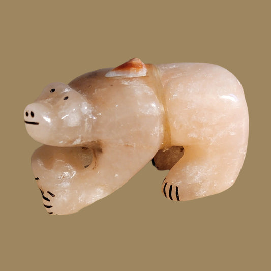 Peach Alabaster Bear w/Pottery Bowl Zuni Fetish