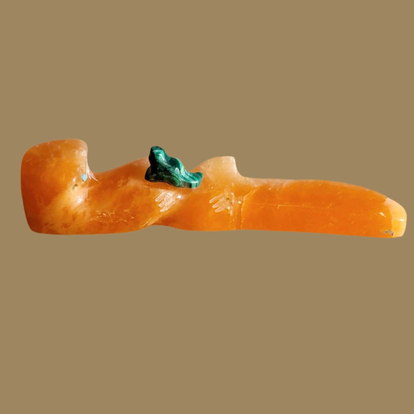 Orange Alabaster Otter w/ Malachite Baby Zuni Fetish