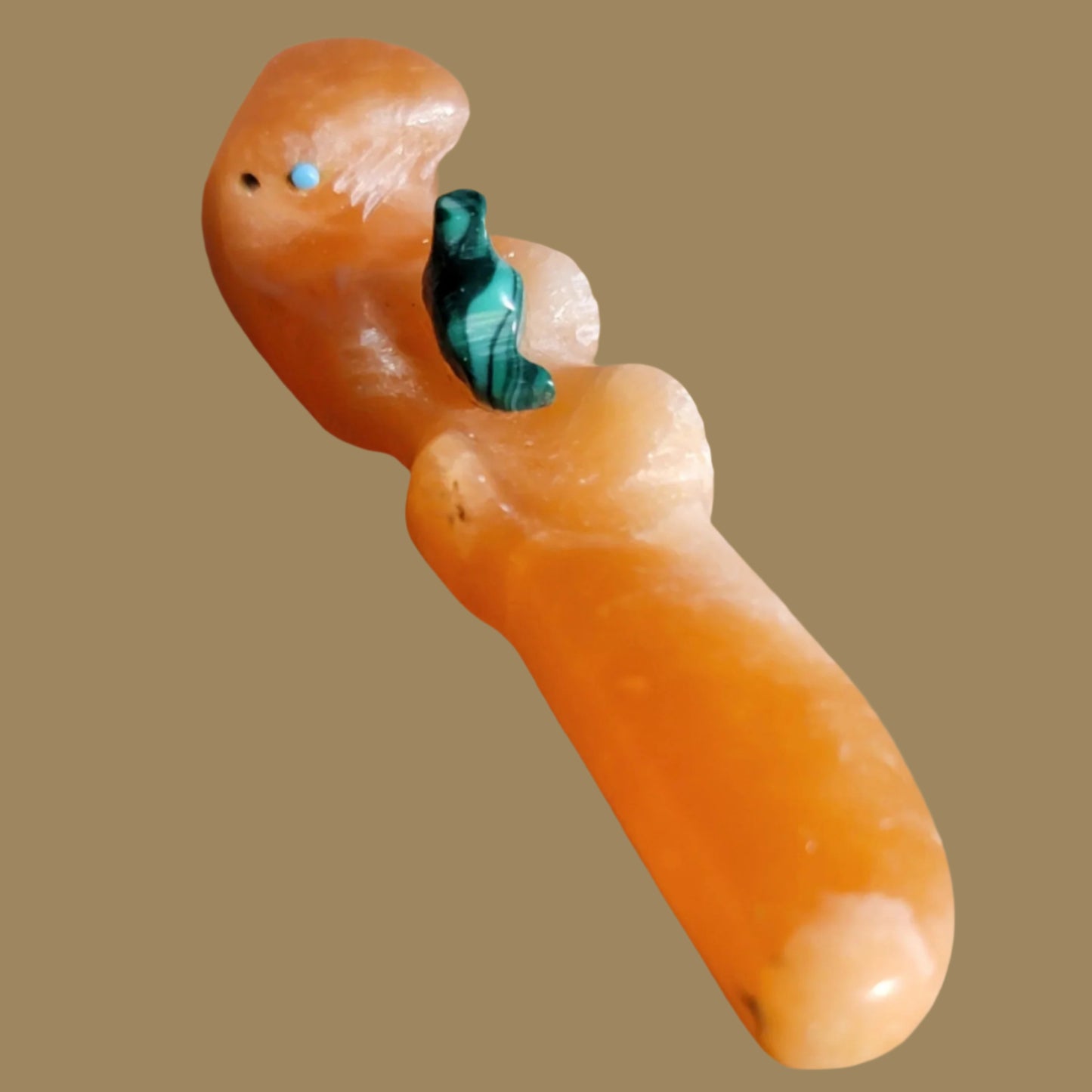 Orange Alabaster Otter w/ Malachite Baby Zuni Fetish