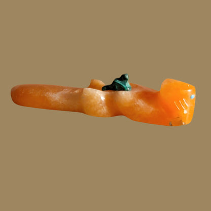 Orange Alabaster Otter w/ Malachite Baby Zuni Fetish