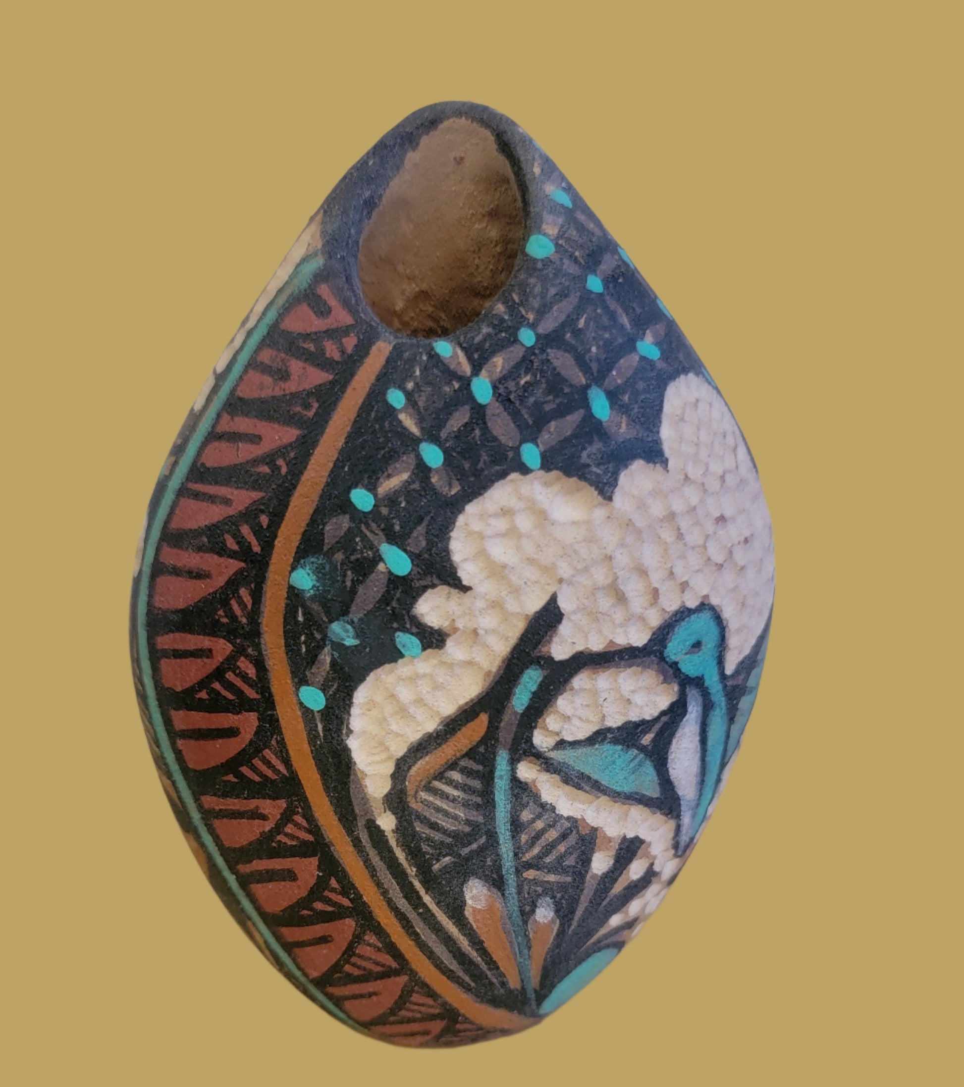 Textured Jemez Pueblo Pottery w/Hummingbird Motif 