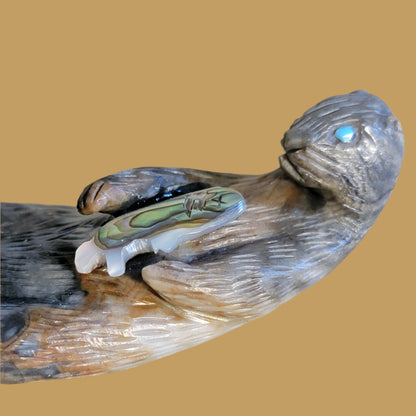 Realistic Picasso Marble Otter w/Abalone Fish Zuni Fetish