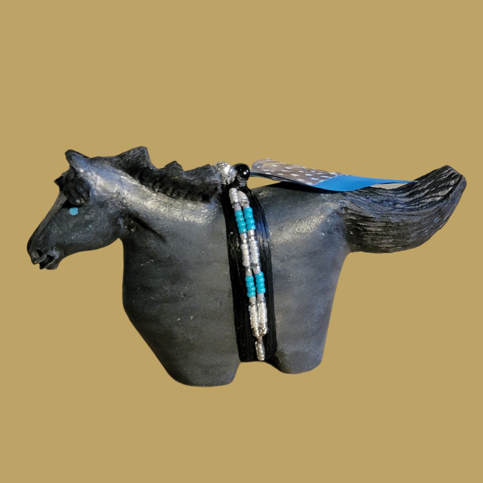 Black Beauty Navajo Horse w/Beaded Pack Zuni Fetish