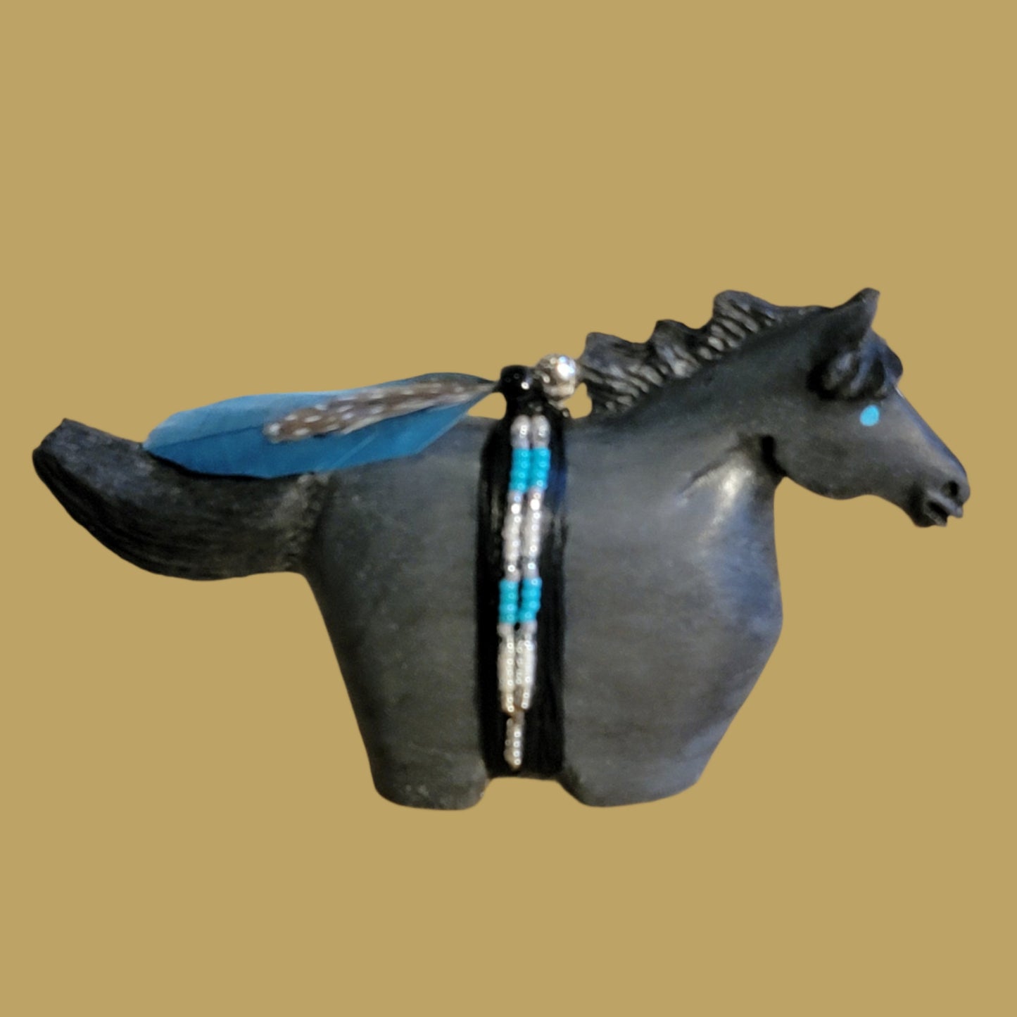 Black Beauty Navajo Horse w/Beaded Pack Zuni Fetish