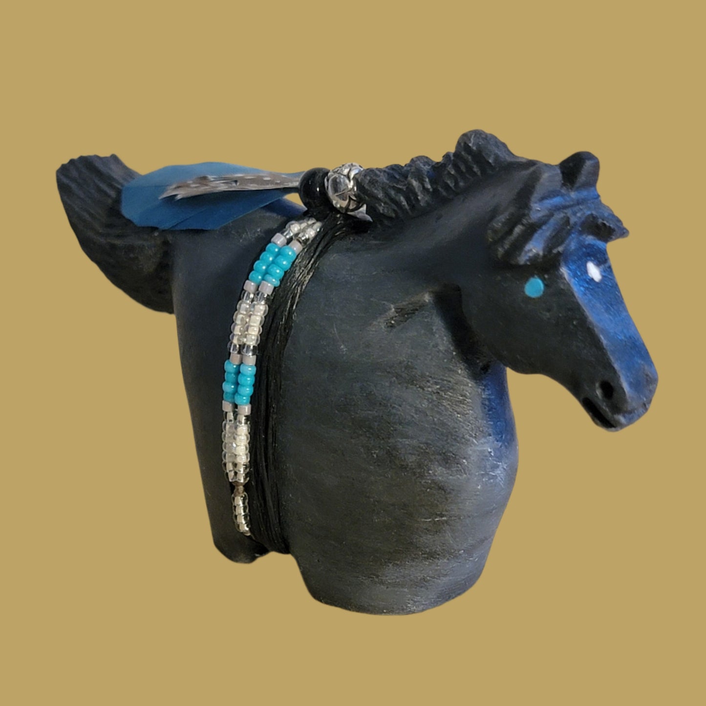 Black Beauty Navajo Horse w/Beaded Pack Zuni Fetish