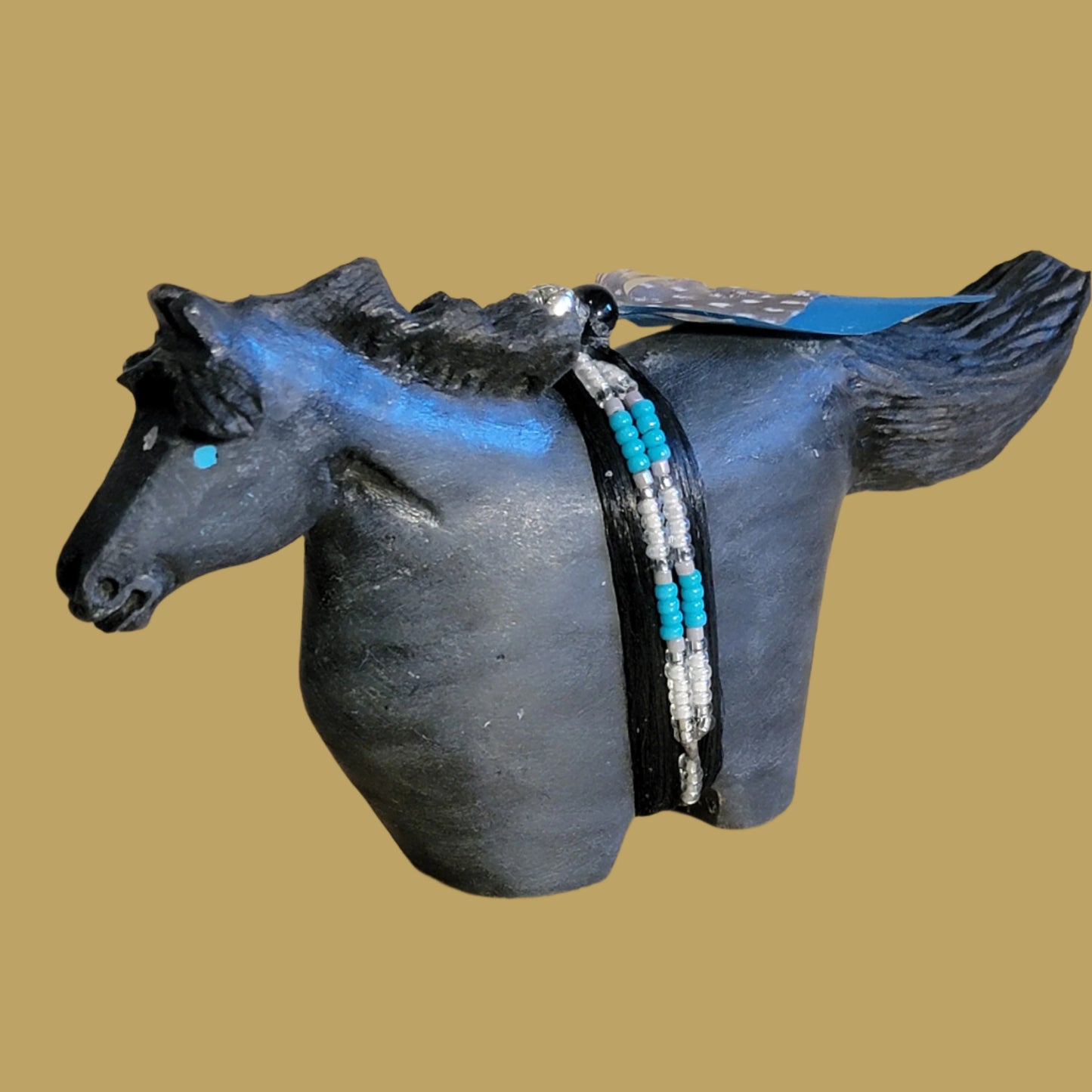 Black Beauty Navajo Horse w/Beaded Pack Zuni Fetish