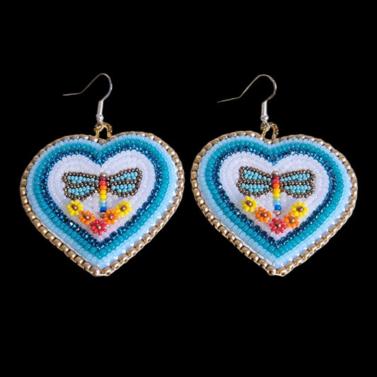 Elegant Heart Shaped Beaded Dragonfly/Floral Earrings Indian Beadwork