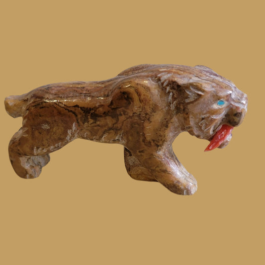 Onyx Saber Tooth Tiger w/Coral Fangs Zuni Fetish