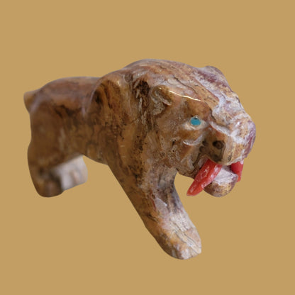 Onyx Saber Tooth Tiger w/Coral Fangs Zuni Fetish