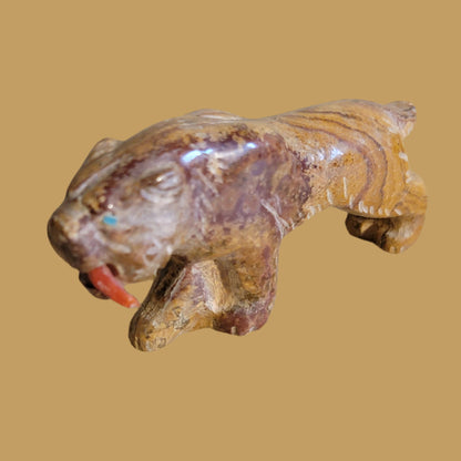 Onyx Saber Tooth Tiger w/Coral Fangs Zuni Fetish