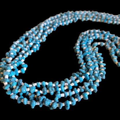 Quadruple Strand Old Pawn Shell and Turquoise Nuggets Necklace Indian Jewelry