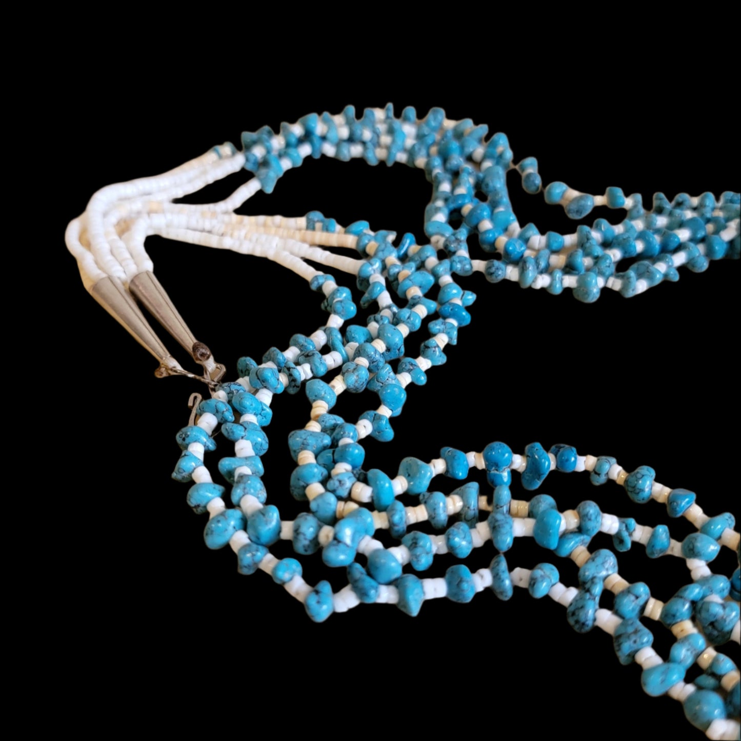 Quadruple Strand Old Pawn Shell and Turquoise Nuggets Necklace Indian Jewelry