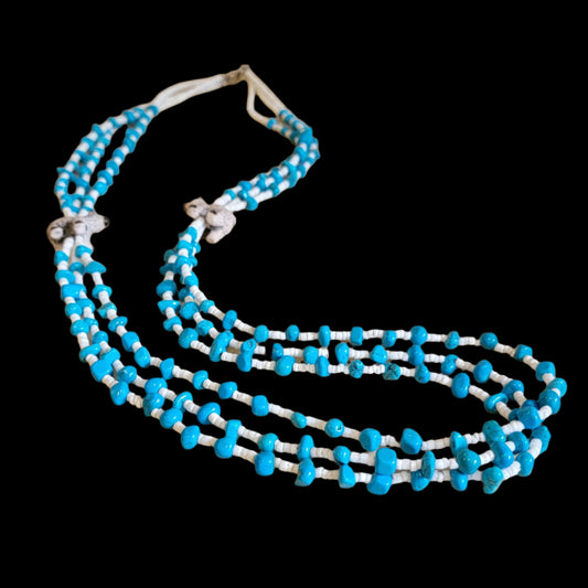 Navajo Old Pawn Triple Strand Turquoise and Shell Necklace w/Ceramic Sheep Indian Jewelry