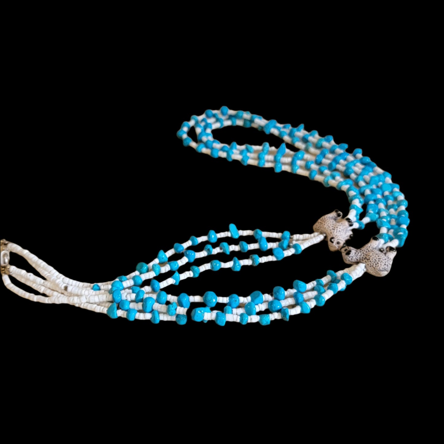 Navajo Old Pawn Triple Strand Turquoise and Shell Necklace w/Ceramic Sheep Indian Jewelry