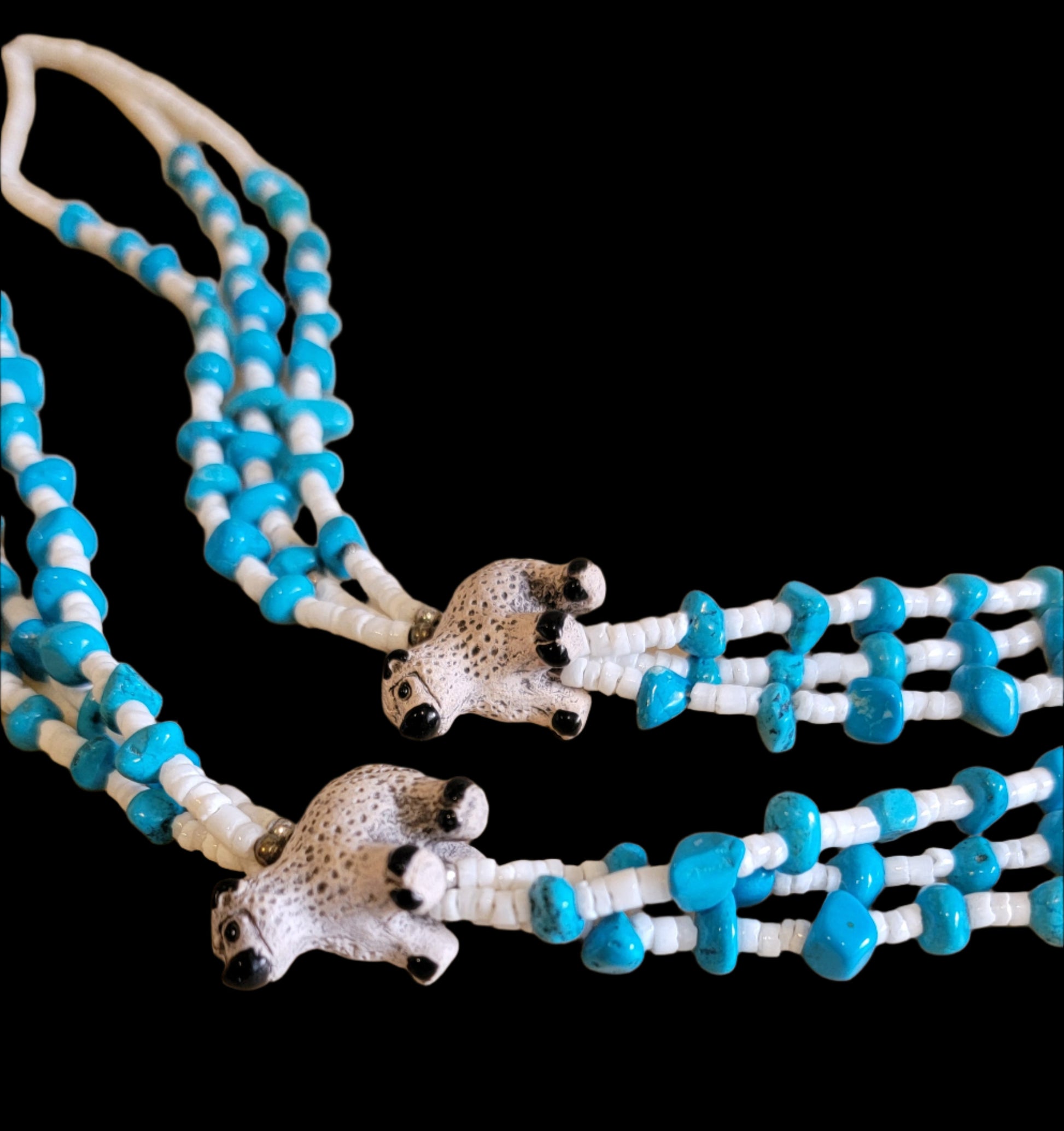 Navajo Old Pawn Triple Strand Turquoise and Shell Necklace w/Ceramic Sheep Indian Jewelry