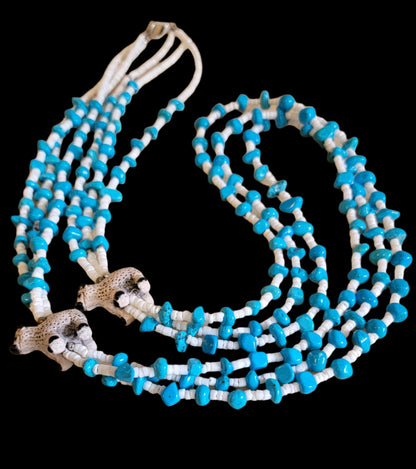 Navajo Old Pawn Triple Strand Turquoise and Shell Necklace w/Ceramic Sheep Indian Jewelry