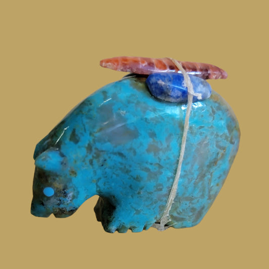 Turquoise Bear w/ Colorful Pack Zuni Fetish