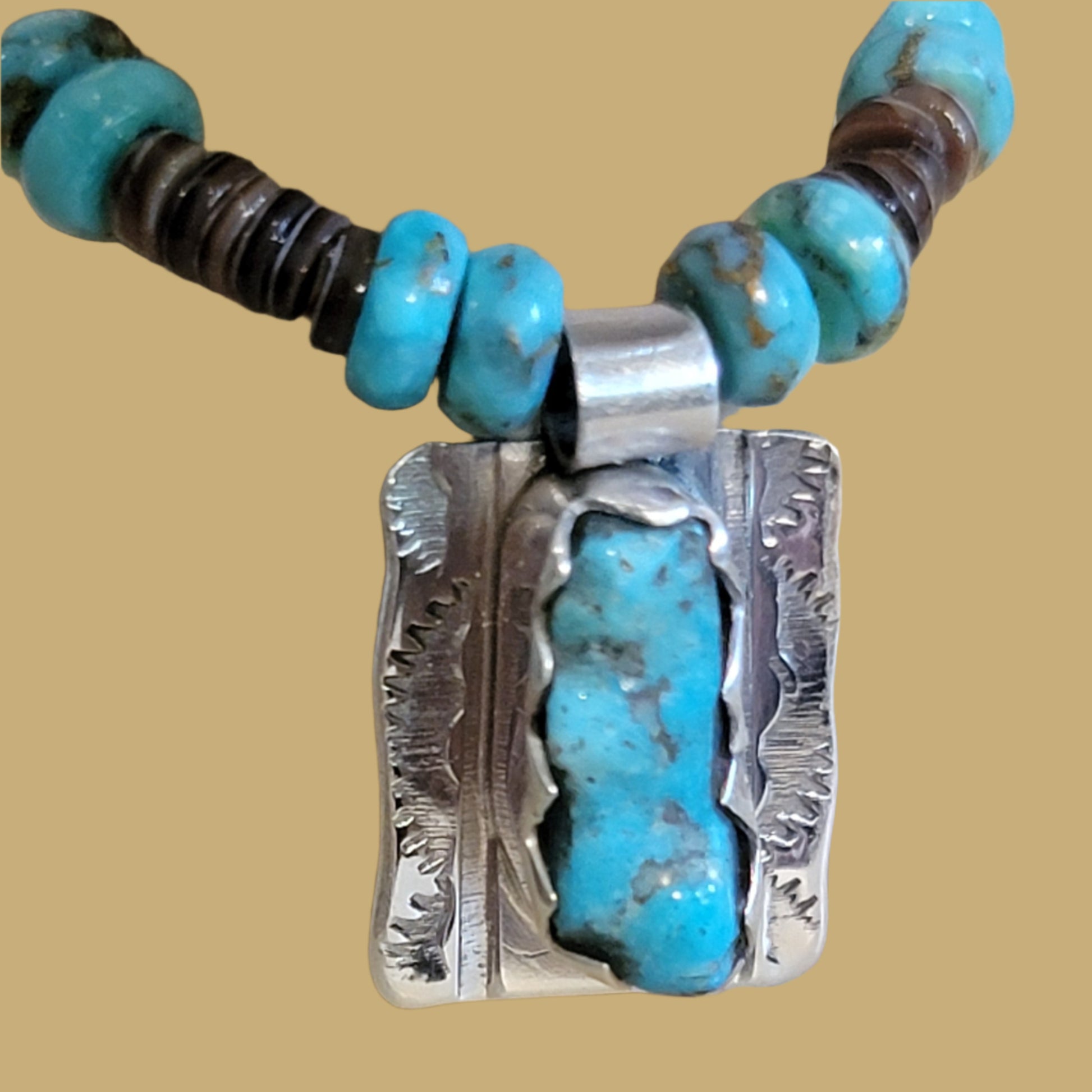 Charming Tijillite Bear w/Sterling Silver and Turquoise Necklace Zuni Fetish