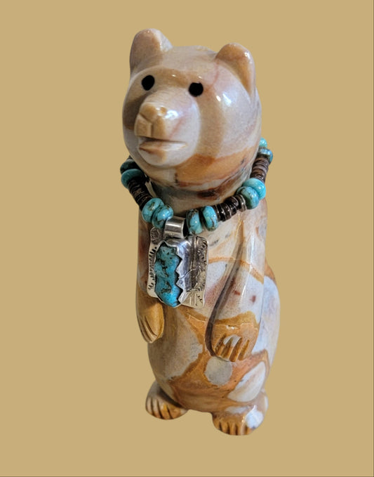 Charming Tijillite Bear w/Sterling Silver and Turquoise Necklace Zuni Fetish